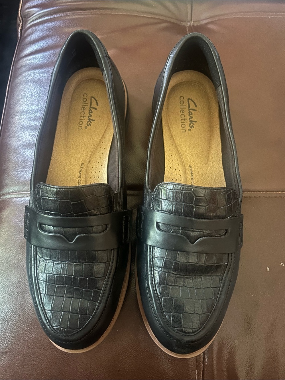 Clarks Black Croc-Embossed Penny Loafers for Women